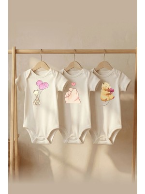 Pamuk Saray Organik %100 Pamuklu 3'lü Set Zürafa ve Hamster Baskılı Kısa Kollu Çıtçıtlı Bebek Body Badi Zıbın