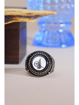 Innuendo 925 Ayar Gümüş Osmanlı Tuğralı Siyah Taşlı Erkek Yüzük