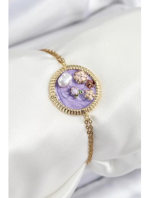 Uravas Store Çelik Zincir Mor Mineli Sanatsal Portre Inci Detaylı Çiçek Model Gold Renk Kadın Bileklik - Tj