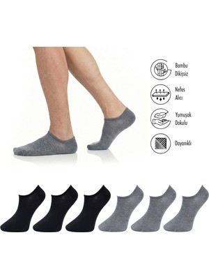 Lion Monroe Saf Bambu Erkek Sneaker Siyah-Gri Çorap Dikişsiz Görünmez Bilekte Spor Çorap Premium 6'lı L5952AZNB Softaura