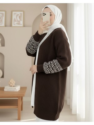 Modamorfo Kolları Desenli Triko Hırka  -Kahve