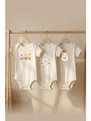 Pamuk Saray Organik %100 Pamuklu 3'lü Çiçek Ayıcık ve Fare Baskılı Kısa Kollu Çıtçıtlı Bebek Body Badi Zıbın