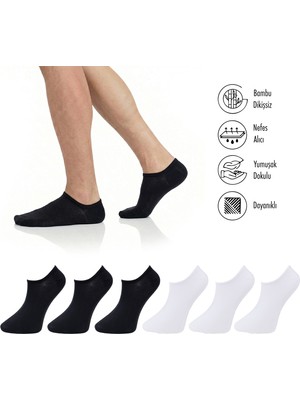 Lion Monroe Saf Bambu Erkek Sneaker Siyah-Beyaz Çorap Dikişsiz Görünmez Bilekte Spor Çorap Premium 6'lı L5952AZNB Softaura
