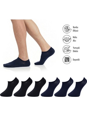 Lion Monroe Saf Bambu Erkek Sneaker Siyah-Lacivert Çorap Dikişsiz Görünmez Bilekte Spor Çorap Premium 6'lı L5952AZNB Softaura