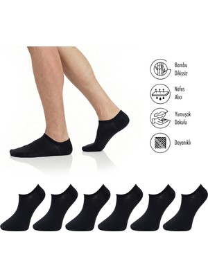 Lion Monroe Saf Bambu Erkek Sneaker Siyah Çorap Dikişsiz Görünmez Bilekte Spor Çorap Premium 6'lı L5952AZNB Softaura