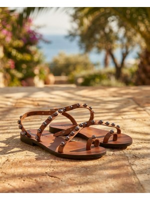Türkbükü Sandalet Hakiki Deri Nikel Detaylı El Yapımı Bodrum Sandaleti - Taba Nikel Toplu 60K