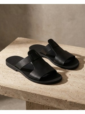 Türkbükü Sandalet - Hakiki Deri El Yapımı Erkek Sandalet - Bodrum Deri Terlik Siyah 66K