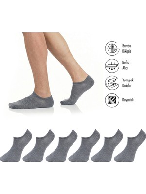 Lion Monroe Saf Bambu Erkek Sneaker Gri Çorap Dikişsiz Görünmez Bilekte Spor Çorap Premium 6'lı L5952AZNB Softaura