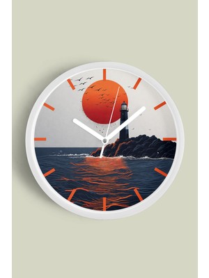 JHAAR Gün Batımı Deniz Feneri Modern Duvar Saati - Büyük L 35 cm - Beyaz Kasa - Camlı Sessiz