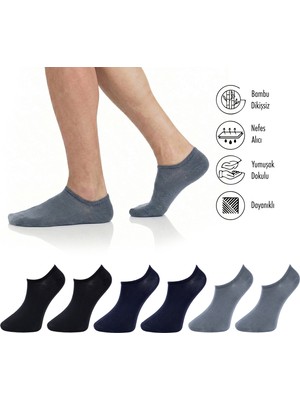 Lion Monroe Saf Bambu Erkek Sneaker Siyah-Lacivert-Füme Çorap Dikişsiz Görünmez Bilekte Spor Çorap Premium 6'lı Paket L5952AZNB Softaura