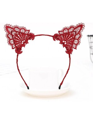Buğz Dantelli Kırmızı Kedi Tacı - Vintage Tarz Dantel Kedi Kulak