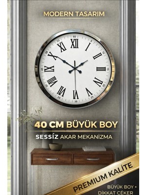 40 cm Krom Duvar Saati Roma Rakamlı Metal Modern Büyük Boy Sessiz Mekanizma Dekoratif Saat