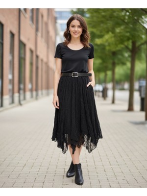 Intive Lingerie Intive Moda Ağır Güpür Dantelli Asimetrik Kesim Astarlı Kemerli Midi Boy Etek-Uzak Şehir