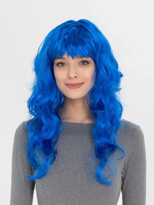 Buğz Mavi Renk Uzun Dalgalı Parti Peruğu