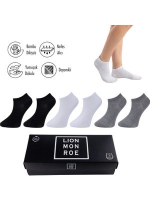 Lion Monroe Saf Bambu Erkek Patik Düz Siyah-Beyaz-Gri Çorap Dikişsiz Premium Hediye Kutulu 6'lı PRİME BAMBOO Serisi L5952AZNB
