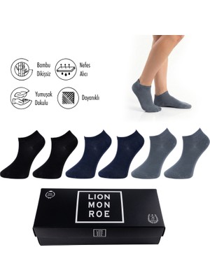 Lion Monroe Saf Bambu Erkek Patik Düz Siyah-Lacivert-Füme Çorap Dikişsiz Premium Hediye Kutulu 6'lı PRİME BAMBOO Serisi L5952AZNB
