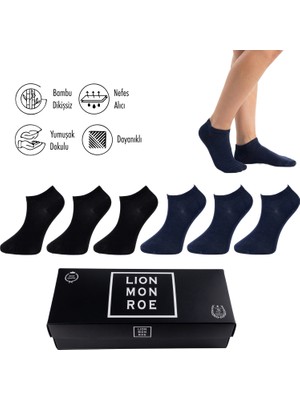 Lion Monroe Saf Bambu Erkek Patik Düz Siyah-Lacivert Çorap Dikişsiz Premium Hediye Kutulu 6'lı PRİME BAMBOO Serisi L5952AZNB