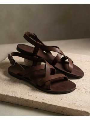 Türkbükü Sandalet - Hakiki Deri El Yapımı Erkek Çapraz Bant - Bodrum Deri Sandalet 77K