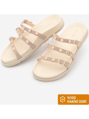 Marjin Kadın Hakiki Deri Üç Bantlı Zımbalı Günlük Terlik Zoven Bej Süet