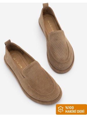 Marjin Kadın Hakiki Deri Loafer Maskülen Delik Görünümlü Günlük Ayakkabı Ranova Taba Süet