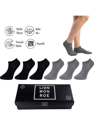 Lion Monroe Saf Bambu Erkek Patik Düz Siyah-Gri Çorap Dikişsiz Premium Hediye Kutulu 6'lı PRİME BAMBOO Serisi L5952AZNB