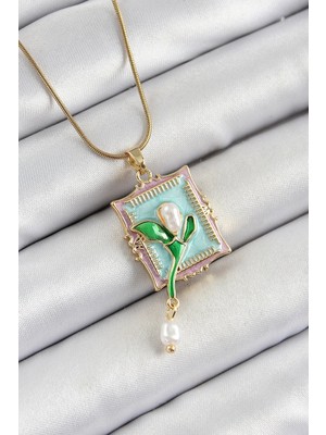 Uslucan Alışveriş 316L Çelik Zincir Turkuaz Sanatsal Portre Sallantılı Inci Detaylı Lale Model Gold Renk Kadın Kolye