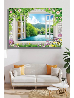 Şehzat Tekli, Yatay, Kanvas, Dekoratif, Duvar, Tablosu , Çiçekli Pencere, Göl Manzarası, Doğa,