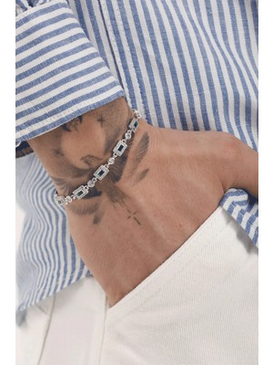 Fjellor Hama Yeşil Baget ve Yuvarlak Taş Detaylı 925 Ayar Erkek Gümüş Bileklik