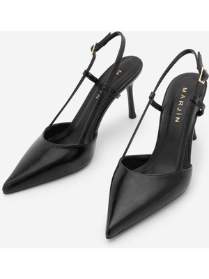 Marjin Kadın Stiletto Sivri Burun Arkası Açık Bilekten Bantlı Ince Klasik Topuklu Ayakkabı Tandor Siyah