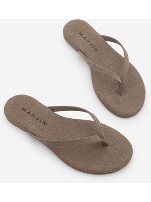 Marjin Kadın Ince Bantlı Parmak Arası Yuvarlak Burun Günlük Terlik Navisa Vizon Süet