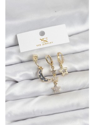 MiraLive Pirinç Gold Renk Zirkon Taşlı Ay ve Yıldız Model Ysx Trio Küpe Seti - TJ-BKP11574