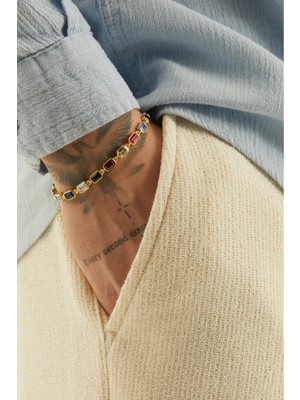 Fjellor Monarch 925 Ayar 14K Altın Kaplama Gümüş Çok Renkli Grande Baget Taşlı Erkek Bileklik