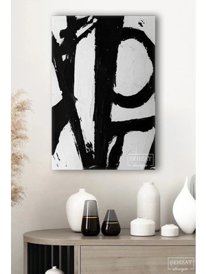 Şehzat Siyah Beyaz Soyut Tekli Dikey Kanvas Tablo