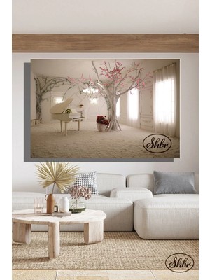 Şehzat Tekli, Yatay, Kanvas, Dekoratif, Duvar, Tablosu , Piyano, Beyaz Ağaç, Pembe Sarmaşık,
