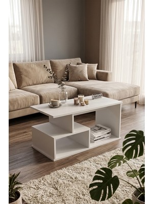Bagax Modern Orta Sehpa Beyaz 90X45 cm Raflı Çok Amaçlı Salon Sehpası Minimal Tasarım