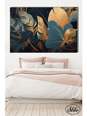 Şehzat Tekli Yatay Kanvas Dekoratif Salon Yatak Odası Mutfak Duvar Tablosu Gold Efekt Detaylı Yapraklar