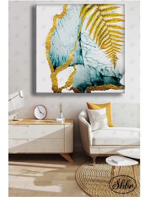 Şehzat Tekli Kare Dekoratif Kanvas Tablo Salon Yatak Odası Kafe Ofis Gold Yaprak Modern Tasarım