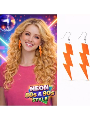 Uravas Store 80’ler 90'lar Neon Turuncu Şimşek Küpe 10 cm