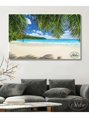 Şehzat Tekli Yatay Kanvas Tablo, Tropik Ada, Palmiyeler, Kumsal, Dekoratif Kanvas Duvar Tablosu