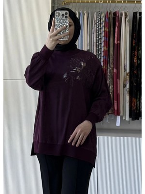 Tığ Triko Taşlı Desenli Ribana Detaylı Tunik 4010 Mürdüm