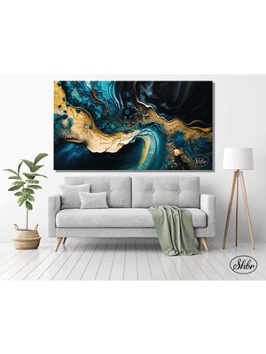 Şehzat Tekli Yatay Kanvas Tablo, Soyut, Turkuaz Gold Desenli, Dekoratif Kanvas Duvar Tablosu