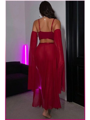 MiraLive Bordo Pul Aksesuarlı Tül Etekli Kadın Seksi Gecelik