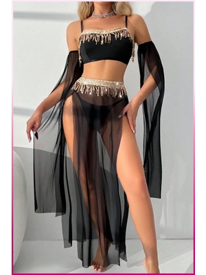 MiraLive Siyah Pul Aksesuarlı Tül Etekli Kadın Seksi Gecelik