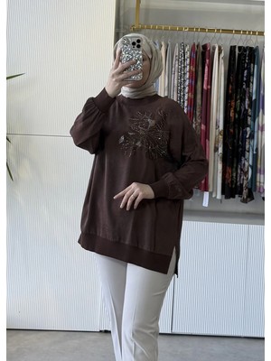 Tığ Triko Taşlı Desenli Ribana Detaylı Tunik 4010 Kahve