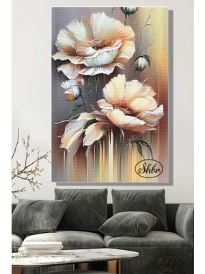 Şehzat Tekli, Dikey, Kanvas, Dekoratif, Duvar, Tablosu , 3D Illüstrasyon, Beyaz Çiçekler,