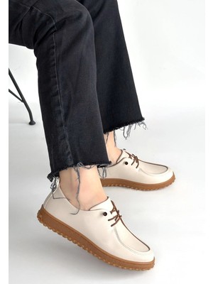 Erbilden Guot Bej Cilt Bağcıklı Babet Ayakkabı