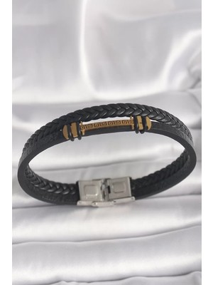 Uravas Store Çelik Gold Renk Zikzak Işlemeli Aksesuarlı Çift Sıra Burgu Desenli Deri Kordon Erkek Bileklik