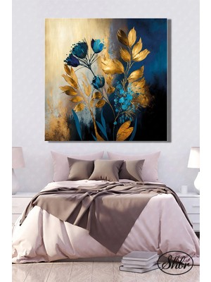 Şehzat Tekli Kare Kanvas Salon Yatak Odası Mutfak Ofis Duvar Tablosu Gold Efekt Mavi Çiçekler