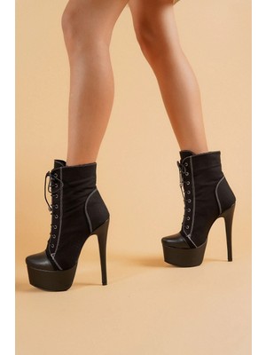 Ayakkabı Ateşi Allstar Siyah Keten Siyah Cilt Topuklu Kadın Bot
