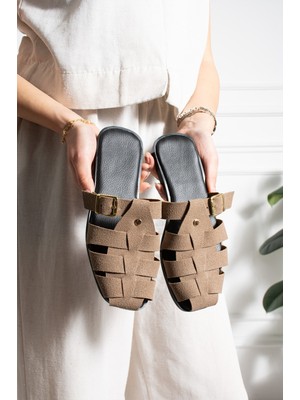 Nmoda Kadın Tokalı Örgü Bantlı Günlük Terlik Rahat Taban Şık Yazlık Düz Taban Konforlu Terlik